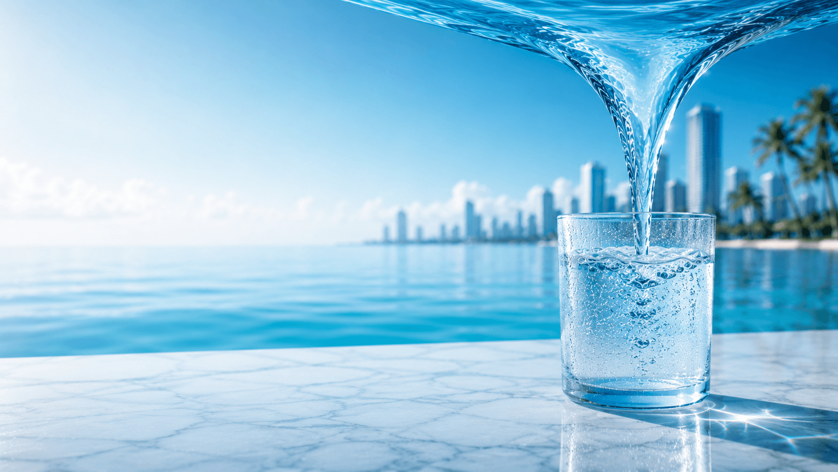 Crystal-clear water pouring into a glass on white marble with the Miami skyline in the background